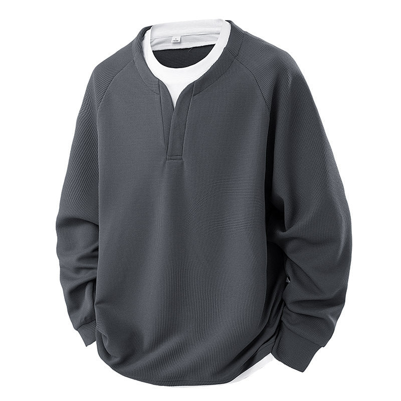 Contrast Colors False-two-piece Trendy V-neck Waffle Sweater Casual All-matching Tops