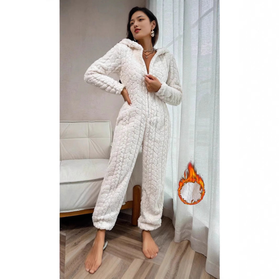 Hooded Thickened Coral Fleece One-piece Pajamas