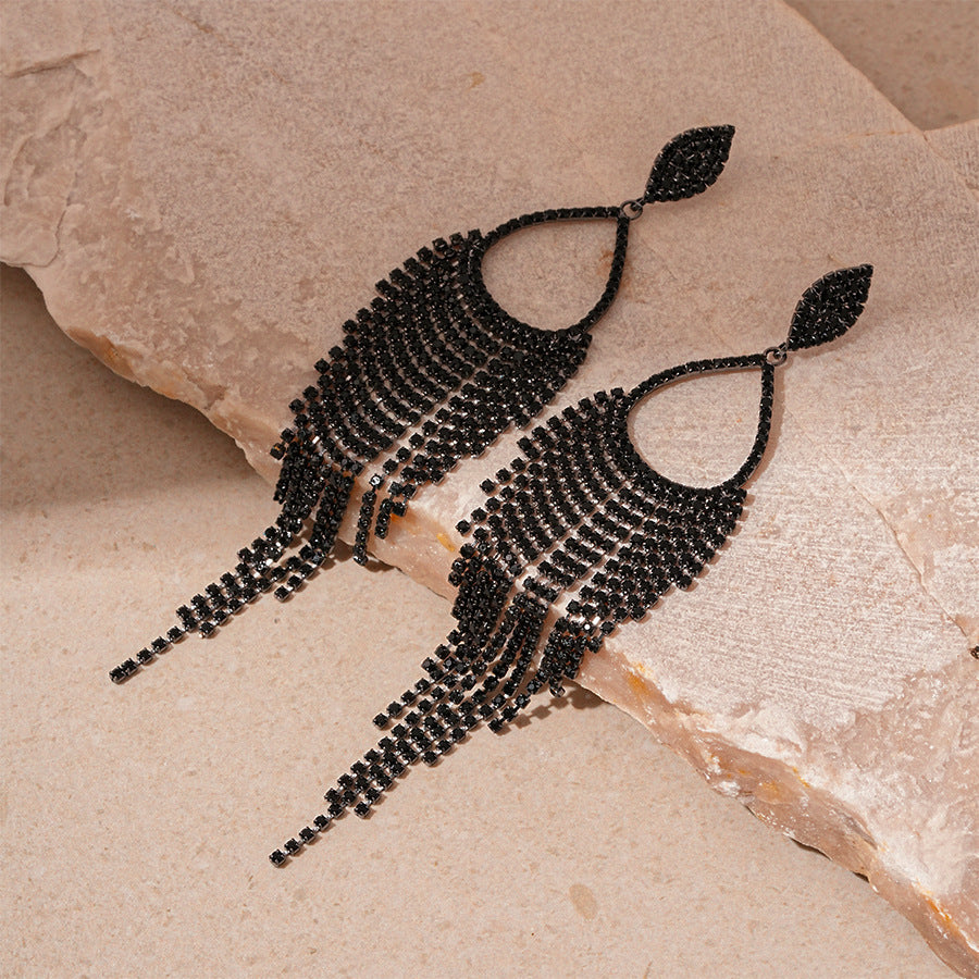 Silver Needle Black Rhimestone Flower Geometric Tassel Stud Earrings