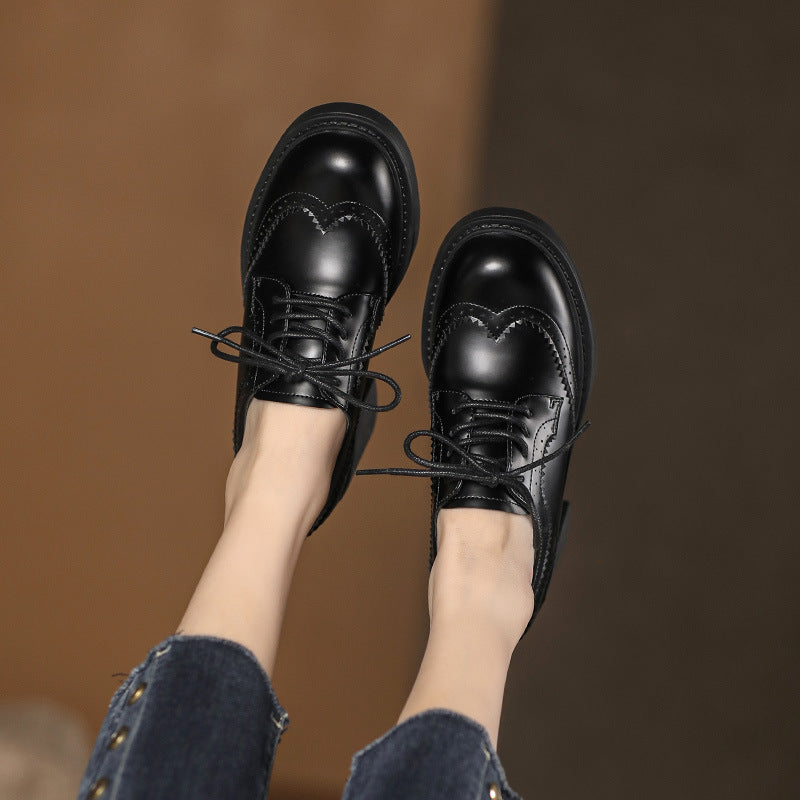 Women's Autumn New Carved Lace-up Round Head British Black Chunky Heel Shoes