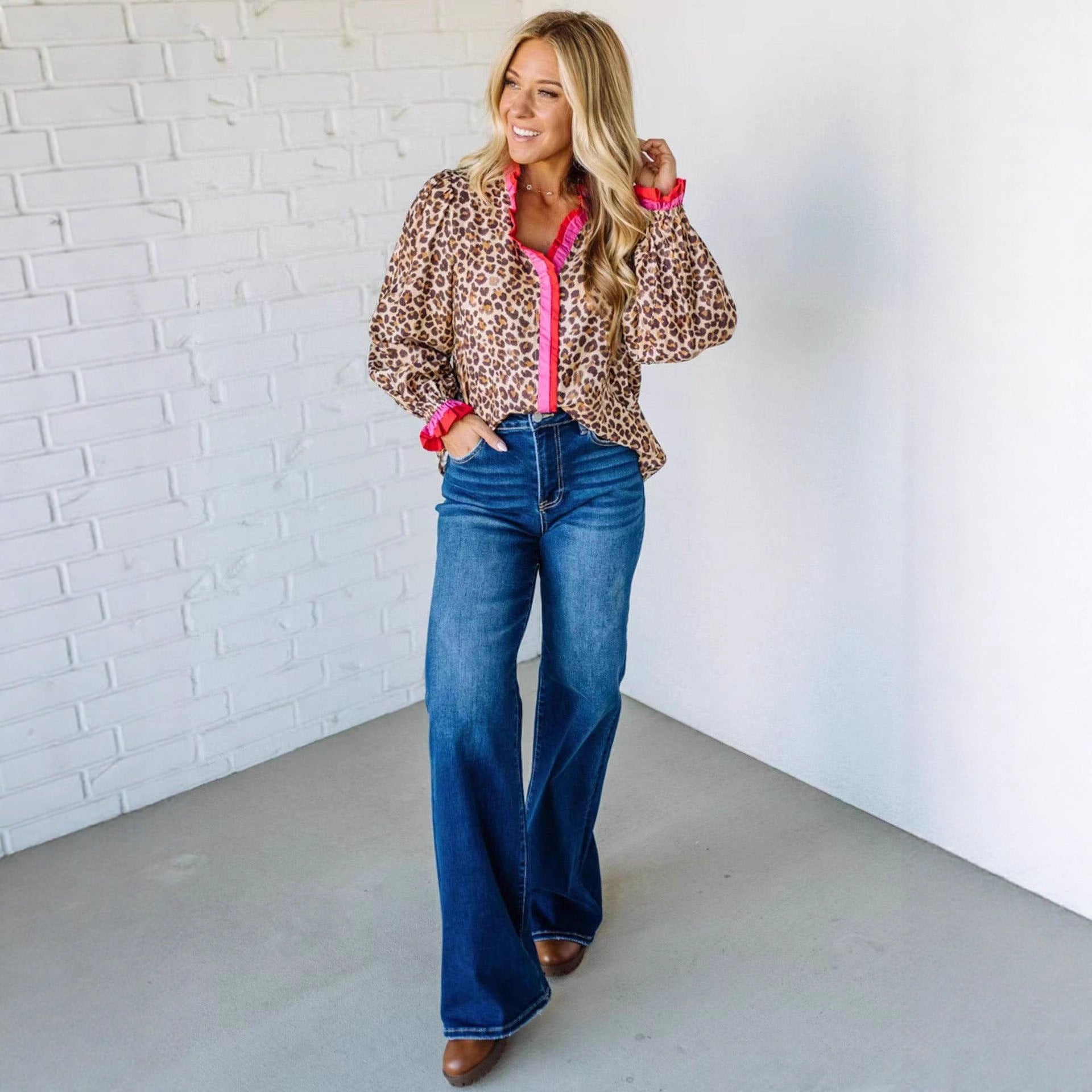 Digital-print Leopard-pattern Lace Long-sleeve Womens Versatile Top