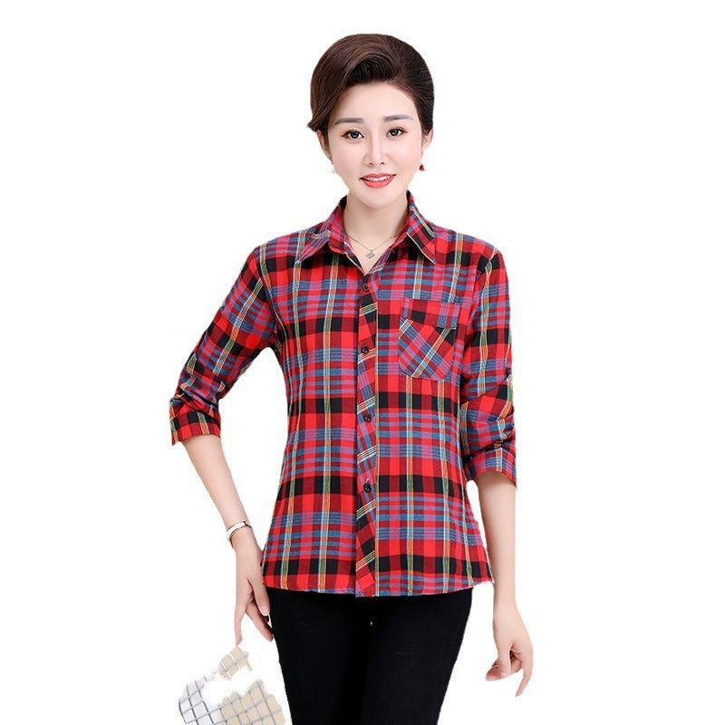 Middle-aged And Elderly Women's Loose Long-sleeved Slim-fit Plaid Shirt