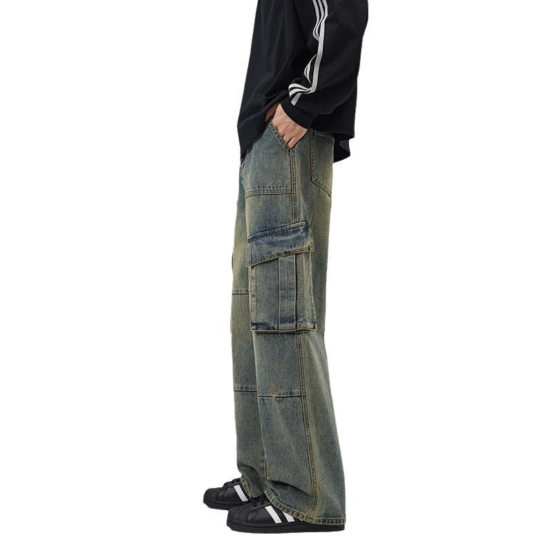 Mens American-style High-street Vintage Multi-pocket Jeans