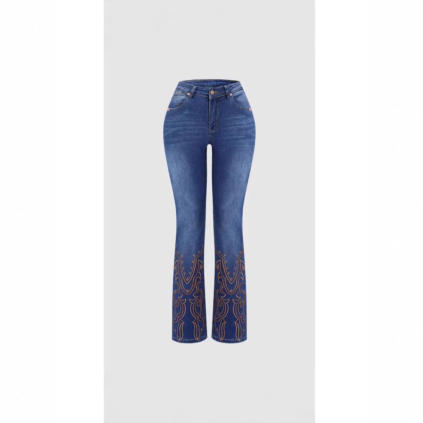 Womens Retro Beaded Embroidered Stretch Denim Jeans