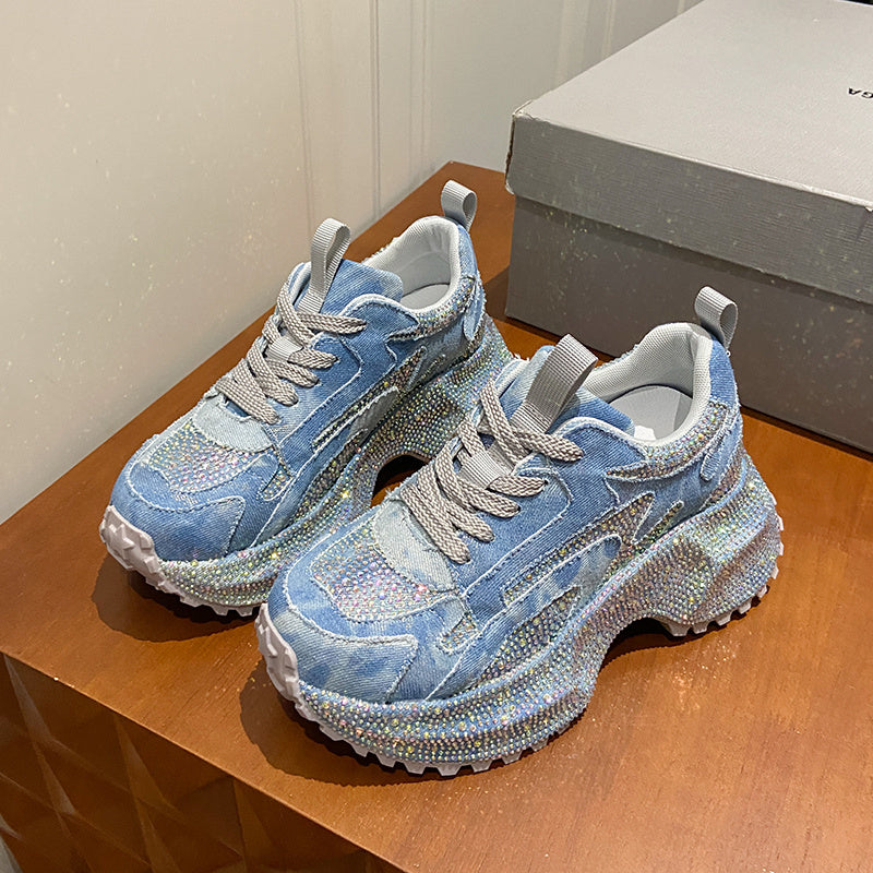 Glitter Diamond Purple Platform Sneakers Women Luxury Suede Casual Running Shoes Fashion Bling Cushion Dad Shoes