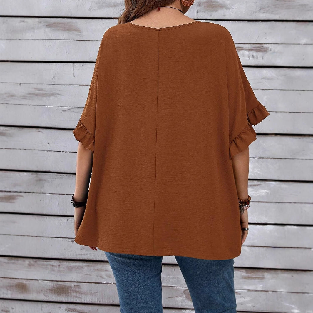 Solid-color Loose Ruffled High-waist Three-quarter-sleeve Top