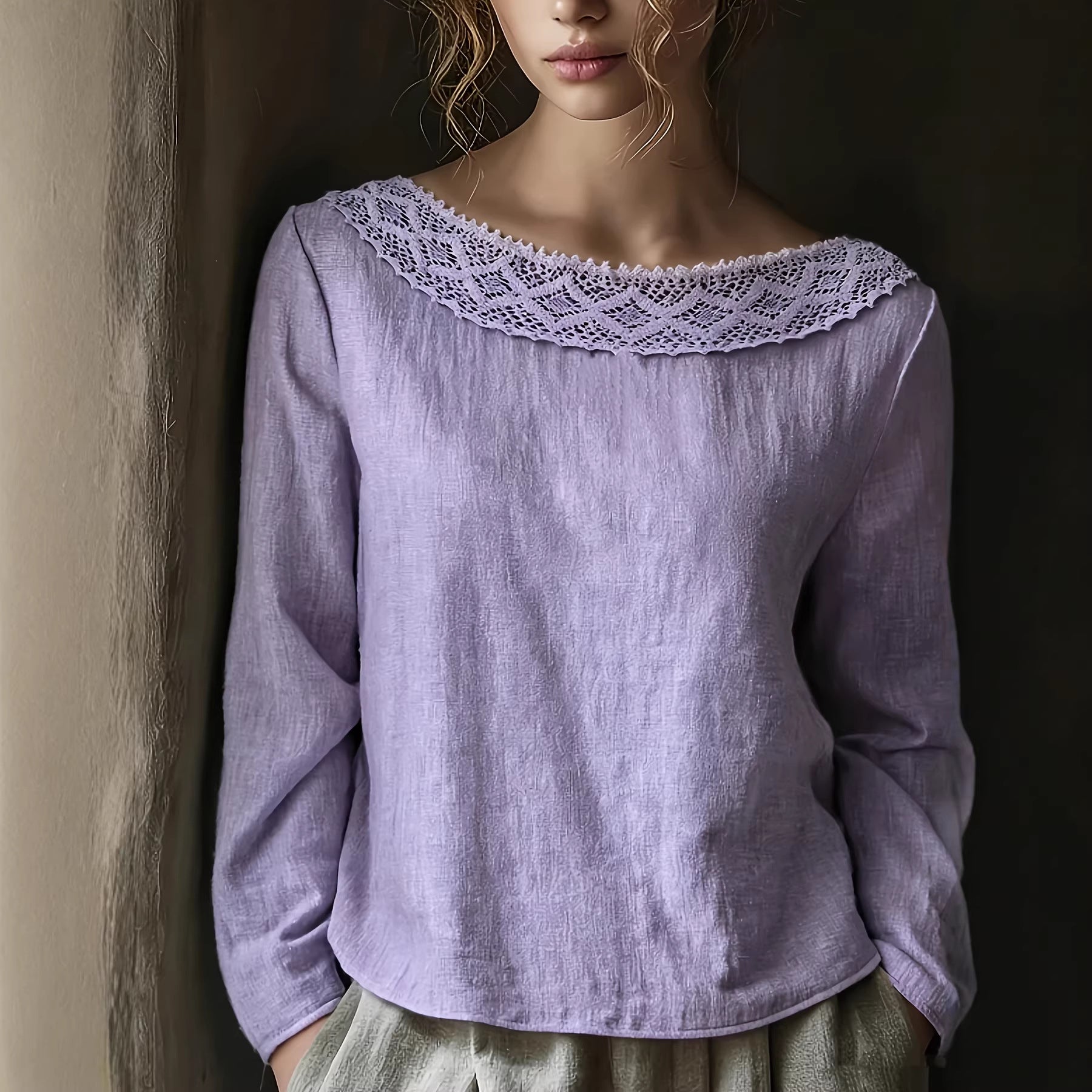 Lace-trimmed Patchwork Artistic Vintage Laid-back Style Loose Boat-neck Long-sleeve Top