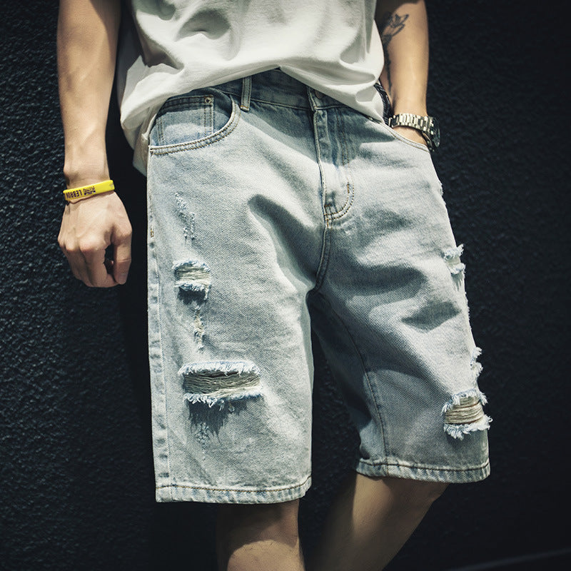 Ripped Denim Outer Wear Fifth Pants