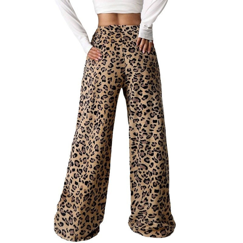 New Casual Leopard Print Lace-up Wide-leg Pants