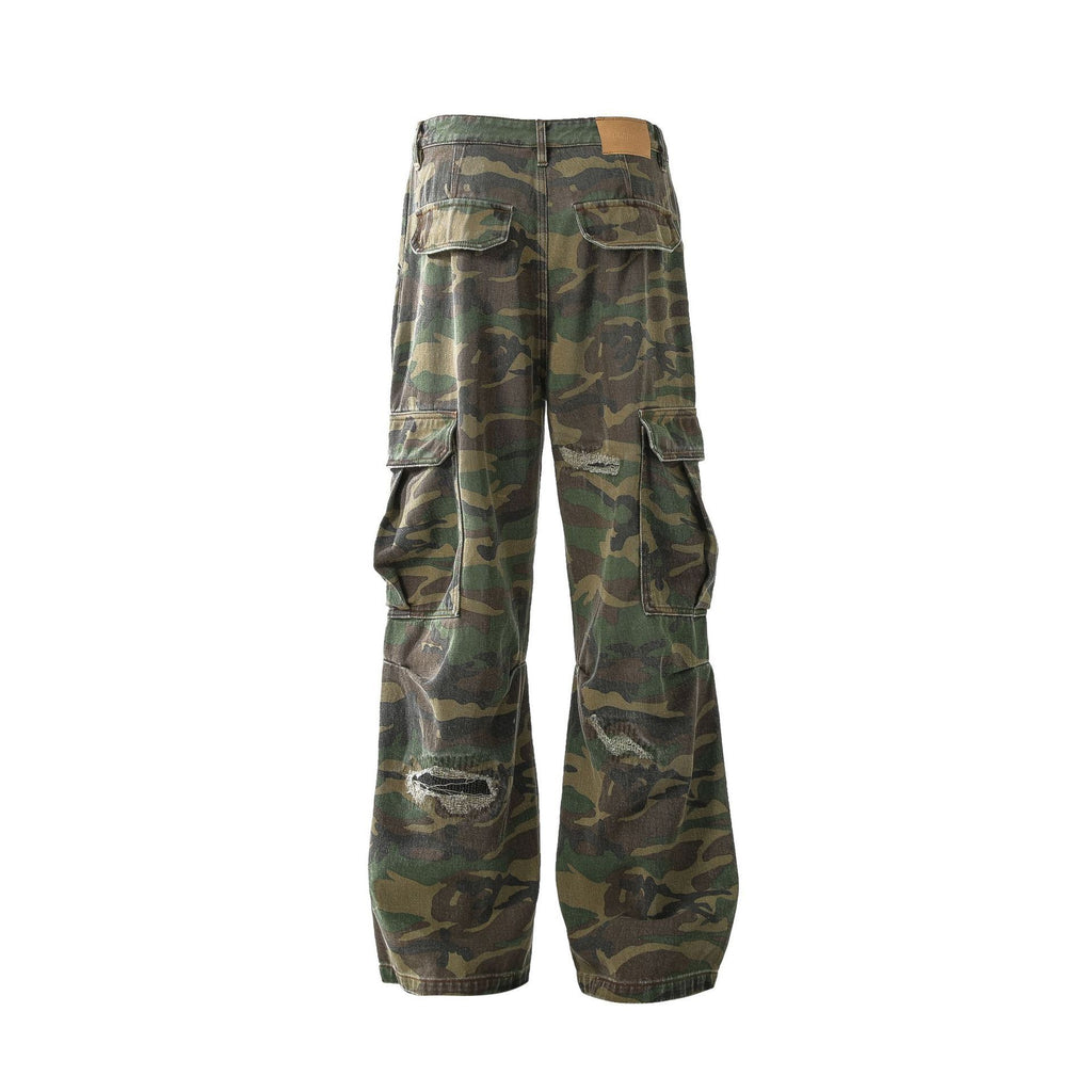 Retro Tattered Jeans Personalized Camouflage Workwear Casual Pants