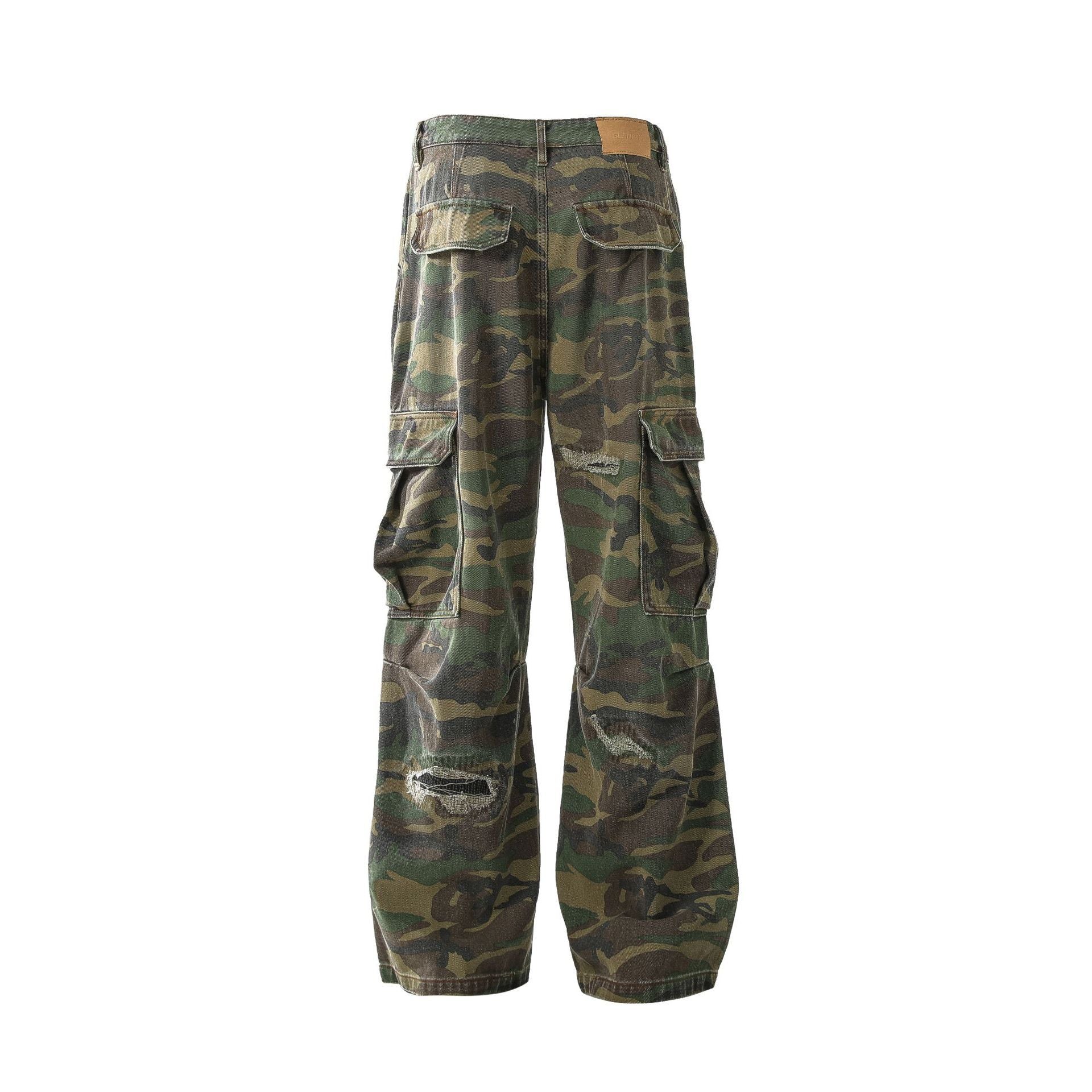 Retro Tattered Jeans Personalized Camouflage Workwear Casual Pants