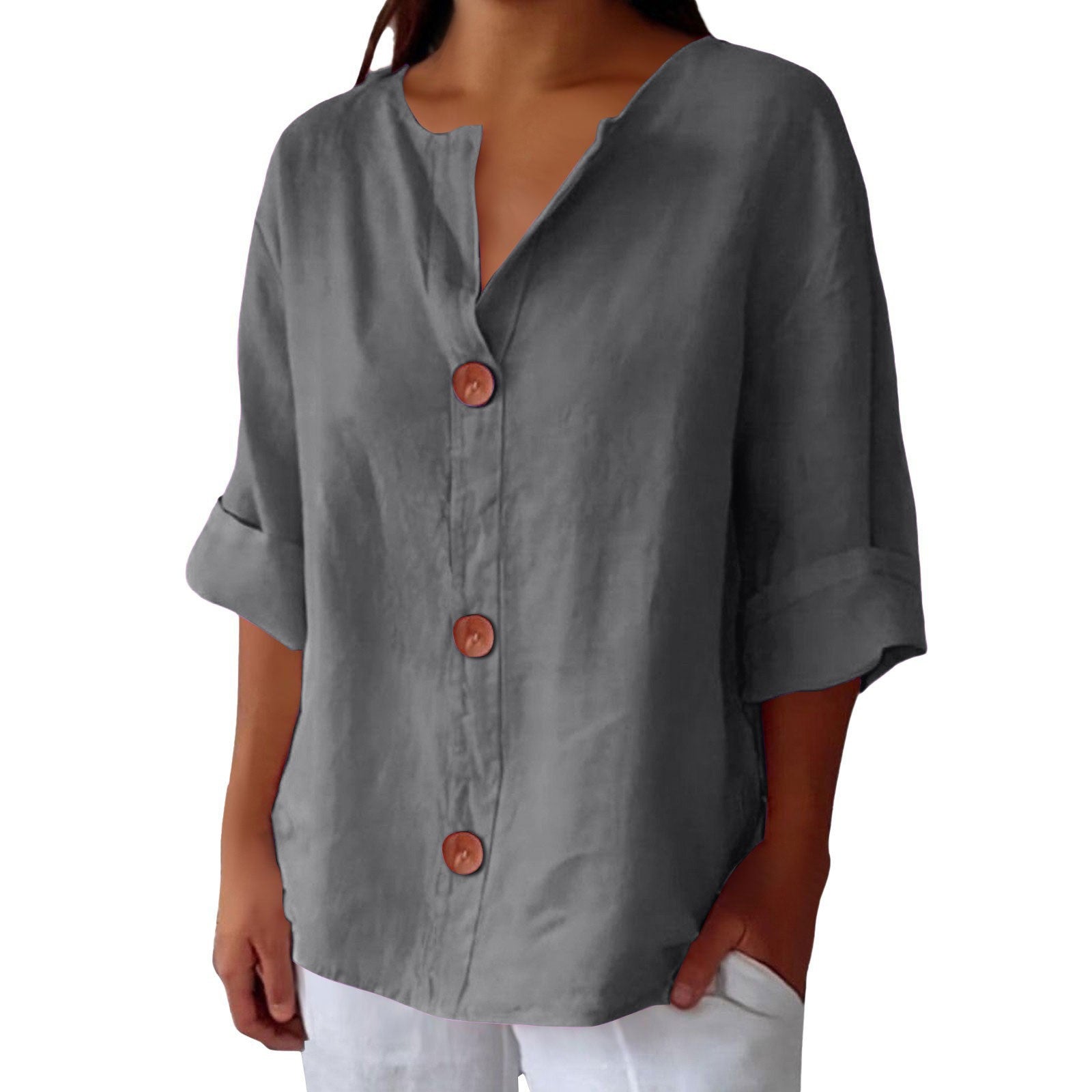 Women's V-neck cotton and linen buttoned blouse