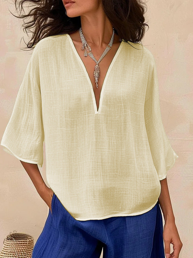 Loose Casual Solid-Colored Cotton-Linen Womens V-Neck Trendy Fashion Mid-Sleeve Top