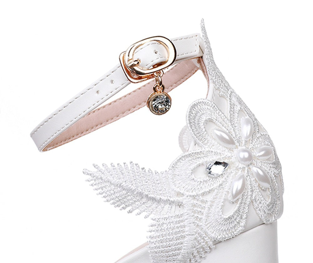 Chunky Heel Low-cut One-strap Round Toe Flower Beaded High Heel Sandals