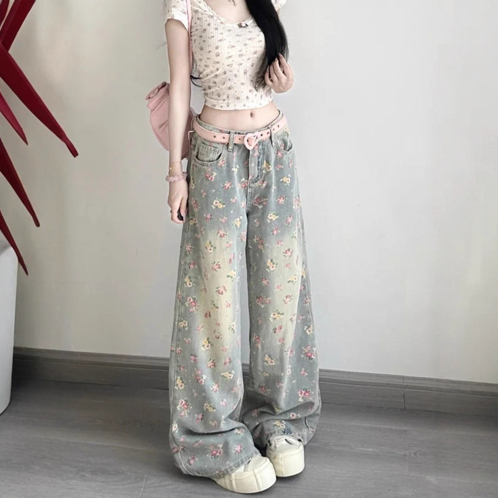 Womens Retro Floral High-Waist Wide-Leg Denim Jeans