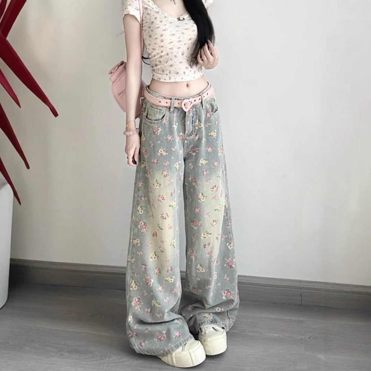 Womens Retro Floral High-Waist Wide-Leg Denim Jeans