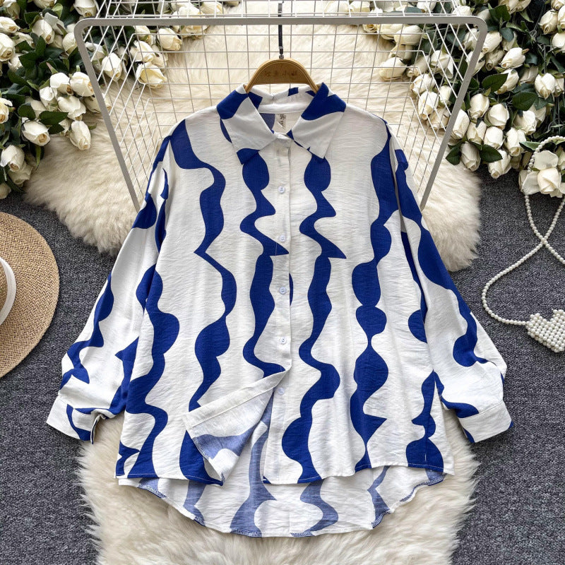 Retro French-style Printed Womens Autumn Loose Slimming Top