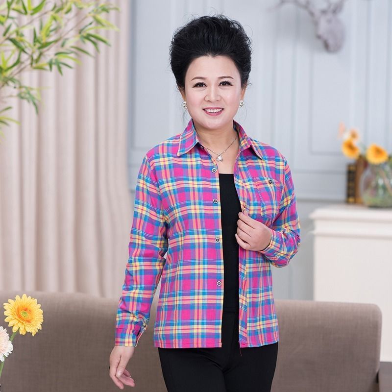 Middle-aged And Elderly Women's Loose Long-sleeved Slim-fit Plaid Shirt