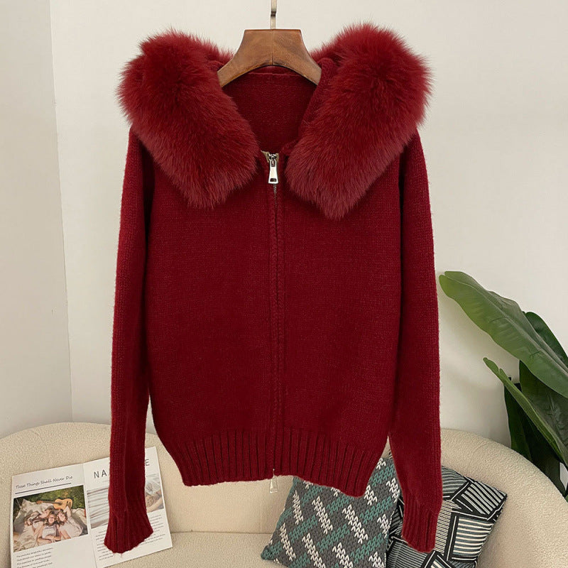 Spring Coat Women's Zipper Real Fox Fur Collar Hooded