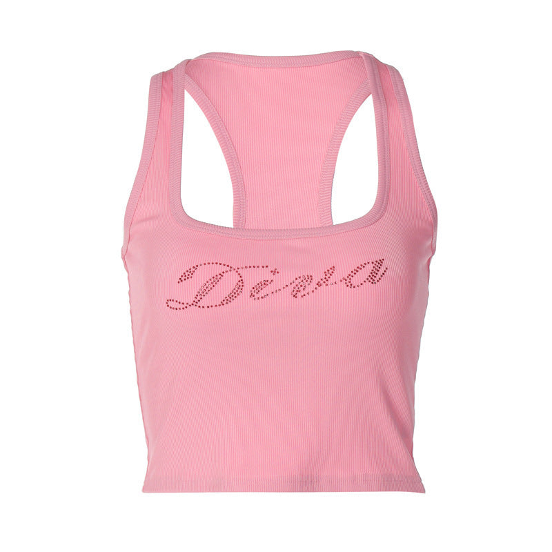 Fashion U-collar Letter Hot Drilling Sleeveless Vest