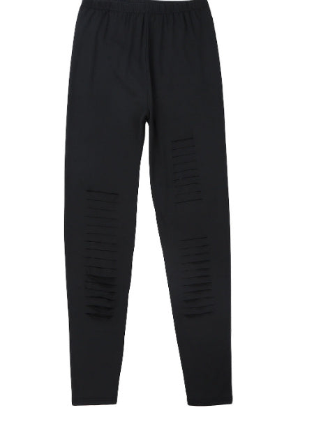 Black Solid Color High Waist Ripped Leggings