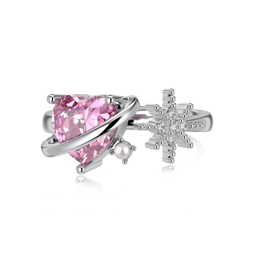 S925 Sterling Silver Ring Female Epoxy Strawberry Heart Wings