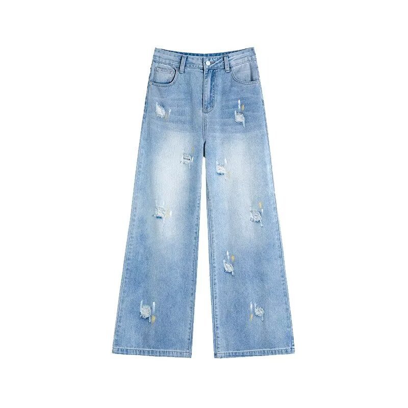 Womens Trendy Loose-fit Ripped Wide-leg Jeans