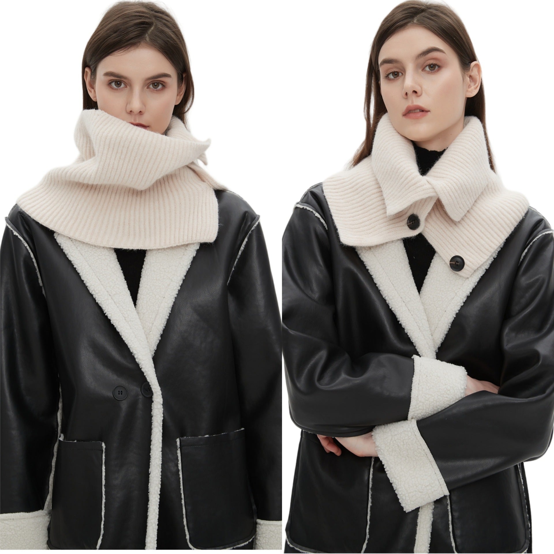 European And American Winter Korean Style Wool Solid Color Clip Flower Shaped Button Knitted Scarf