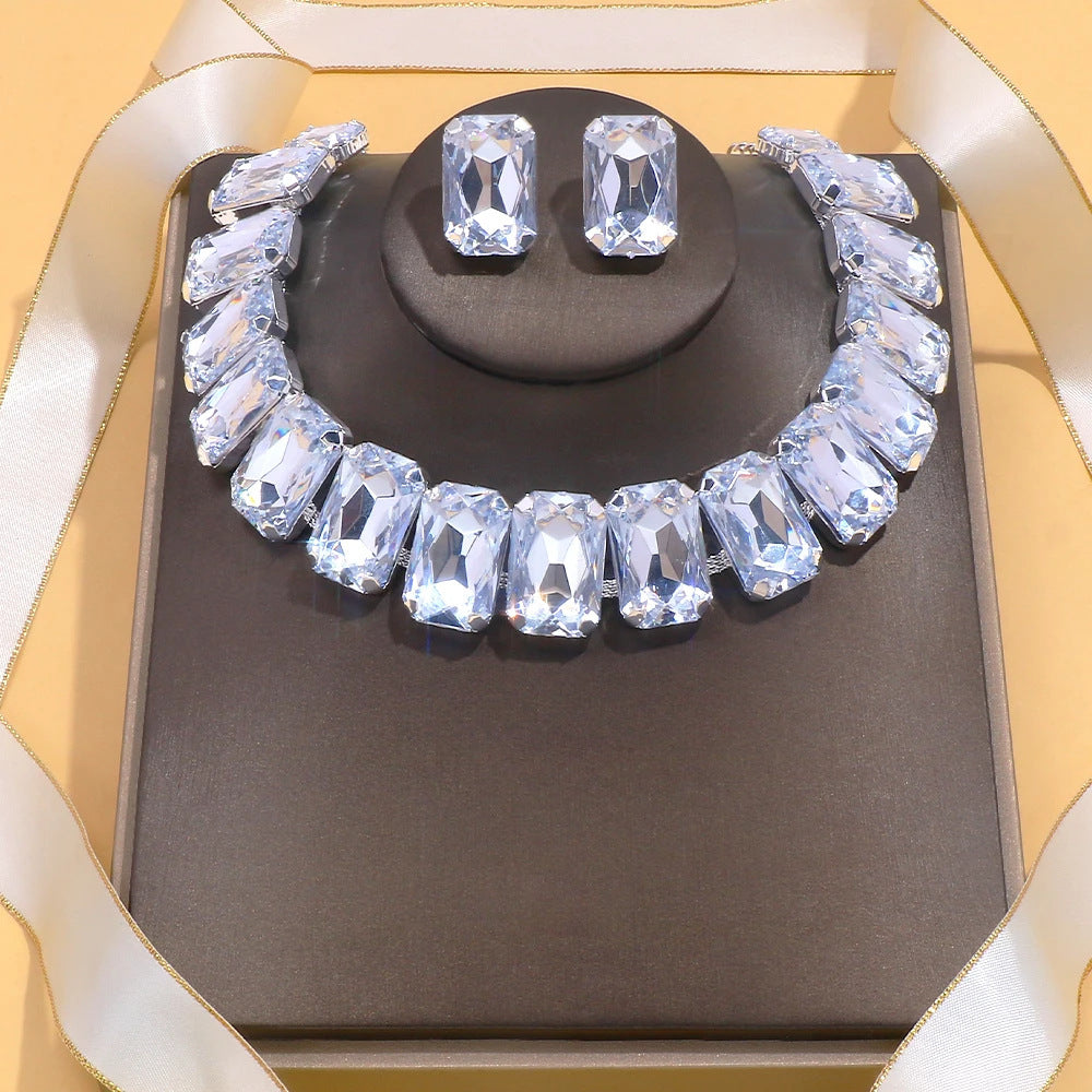 Light Luxury Geometric Crystal Necklace Suit Square Exaggerated Earrings Jewelry Set Decorations