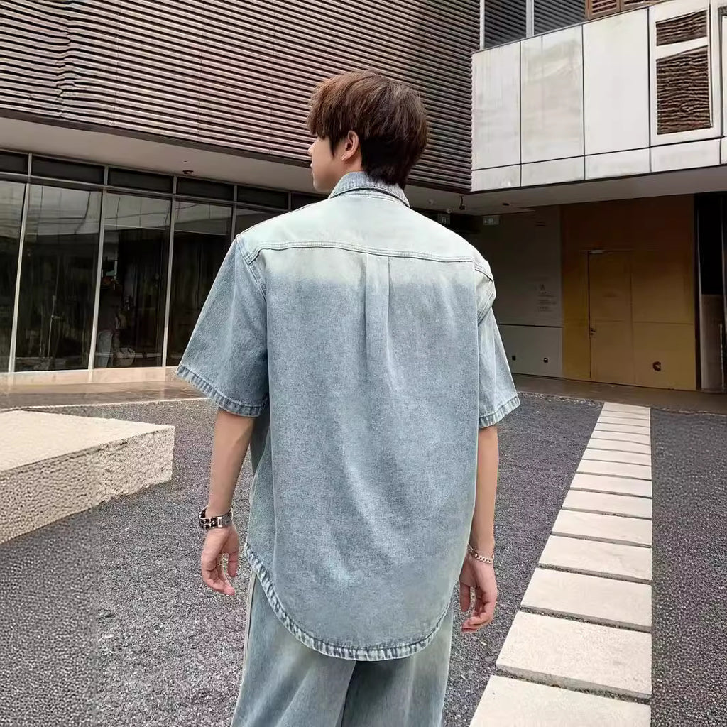 Retro Side Three Bar Stripes Short Sleeve Denim Shirt Outfit Men