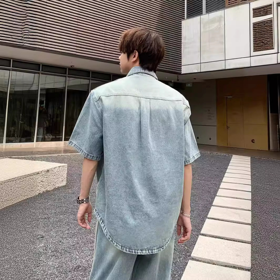 Retro Side Three Bar Stripes Short Sleeve Denim Shirt Outfit Men