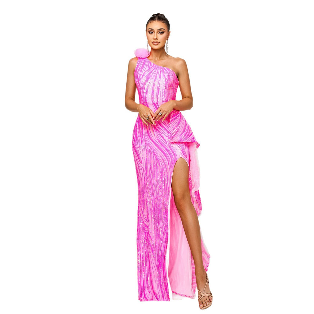 One-shoulder Diagonal Collar Sequined Slit Evening Dress