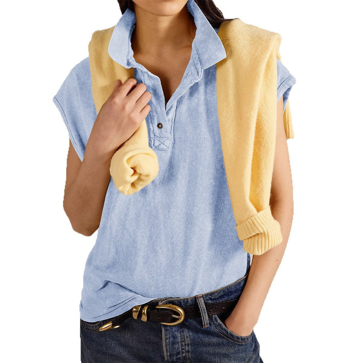 Turn-down Collar Drop-shoulder Loose-fit Casual Top