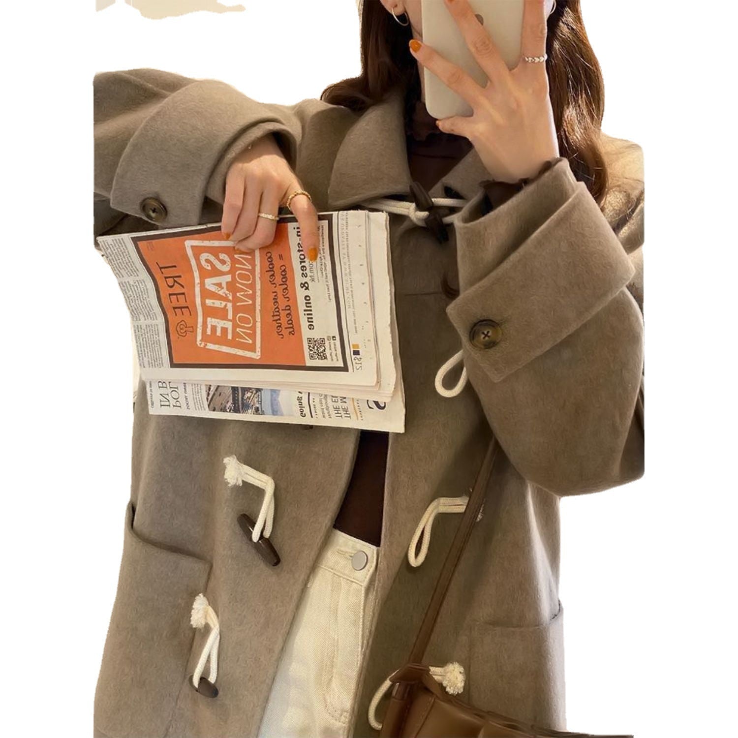 Wool Coat Womens Korean-Style Loose Slimming Horn-Button Petite Mid-Length Wool Fashionable