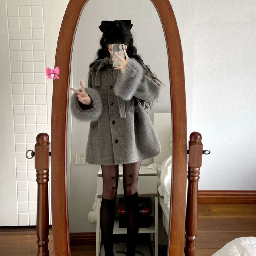 Gray Hepburn Style New Small Bow Coat
