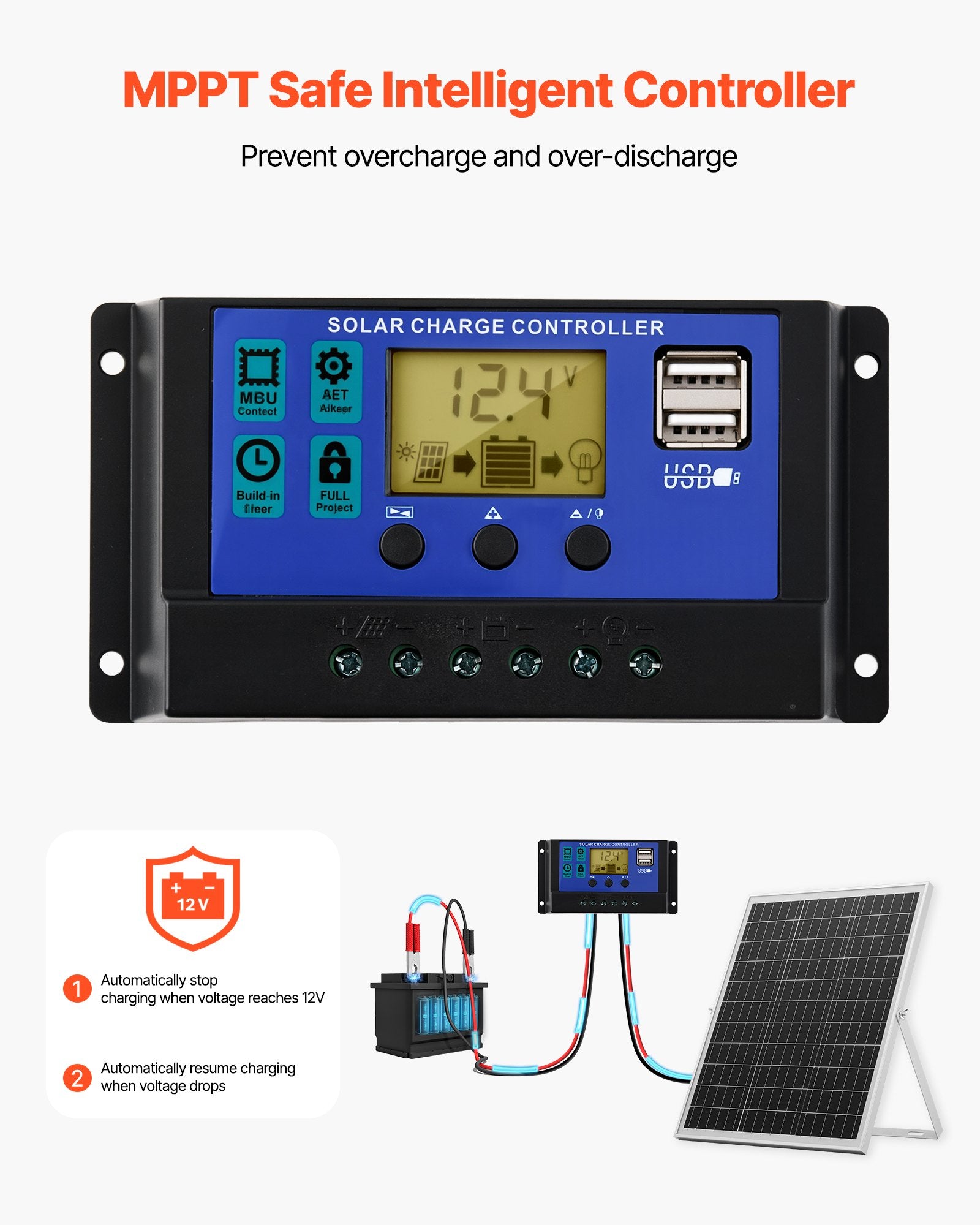 25W 12V Solar Panel Battery Charger, Solar Battery Trickle Charger Maintainer With Intelligent MPPT Controller & Adjustable Mount Bracket, IP67 Waterproof For Car Boat RV Motorcycle Trailer