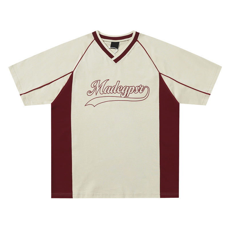 Short-sleeved Men's Summer Color Contrast Patchwork Loose T-shirt Couple Letters Top