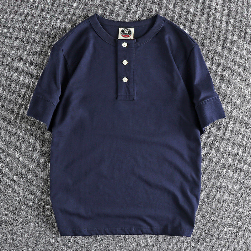 Cuff Wide-brimmed Thread Combed Cotton Washed American Retro Henry Collar Short Sleeve
