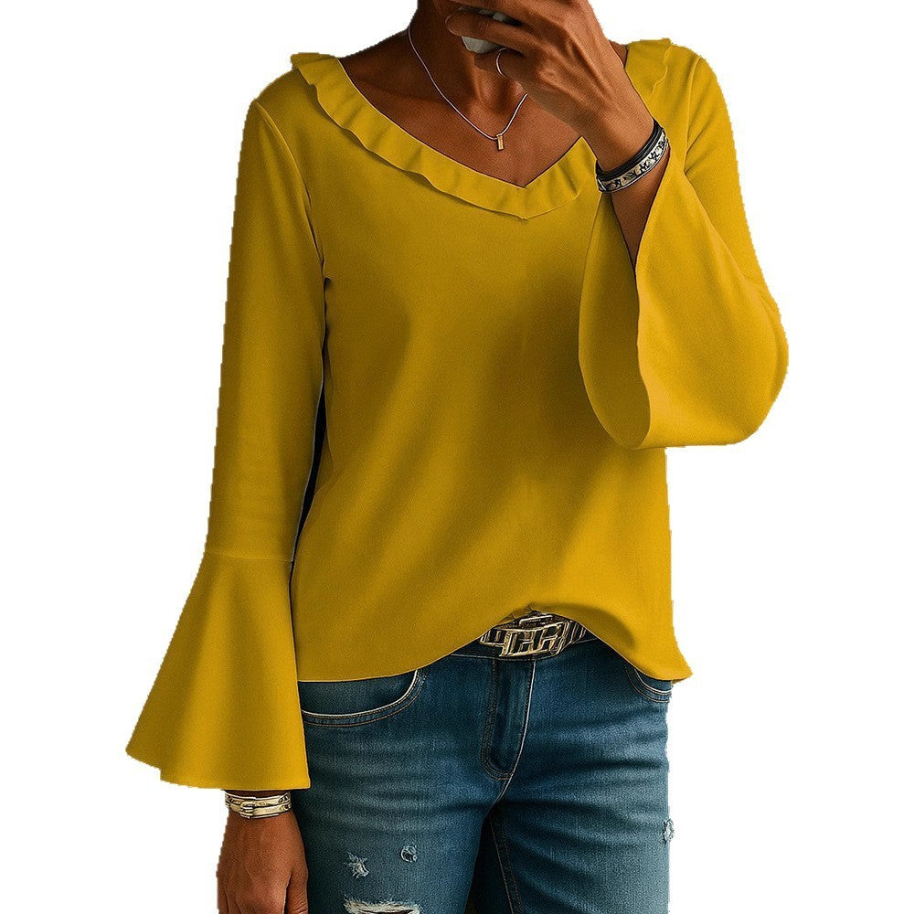 Casual Loose-fitting V-neck Long Sleeves T-shirt