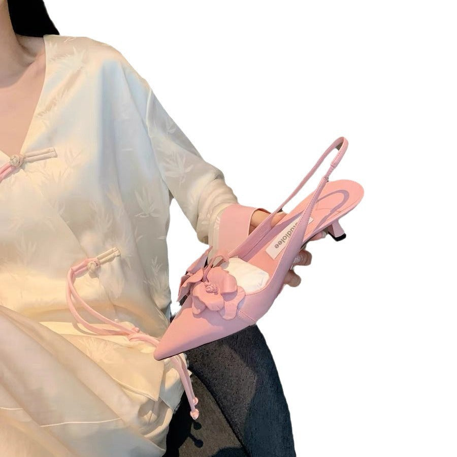 Small Sharp Point Low-cut Hollow Flower High Heels For Women