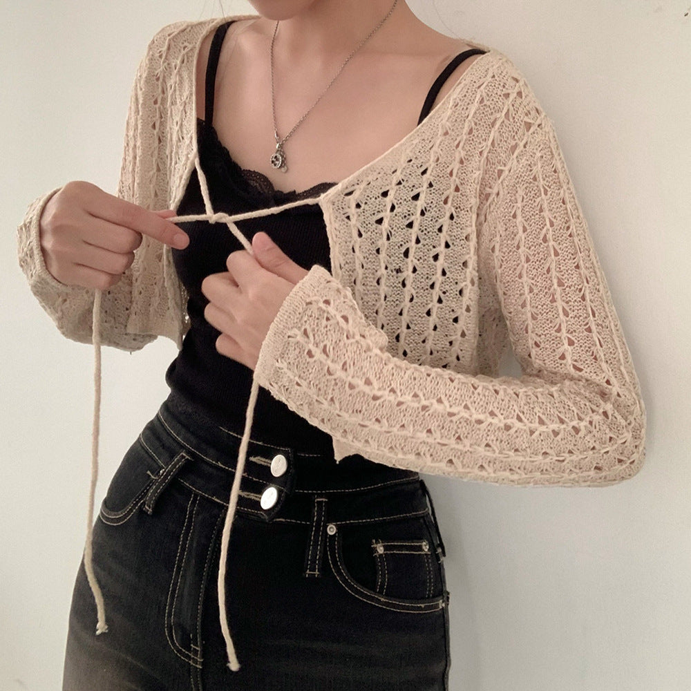 Round Neck Tied Bowknot Hollow Loose Long Sleeve Sun Protection Sweater