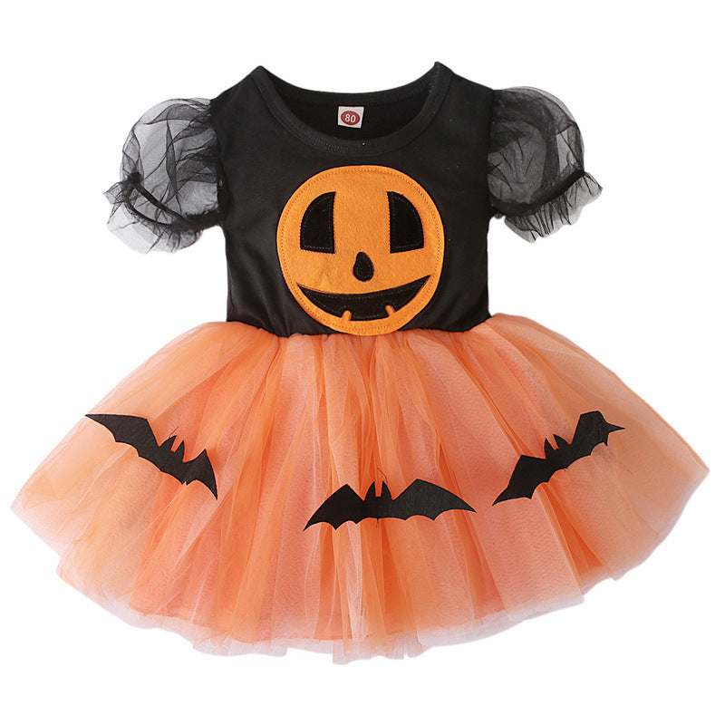 Short-sleeved Halloween Pumpkin Bat Printed Mesh Tulle Tutu Dress
