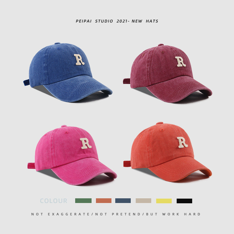 Washed Letter R Stick Ball Cap Casual Patch Sun Hat