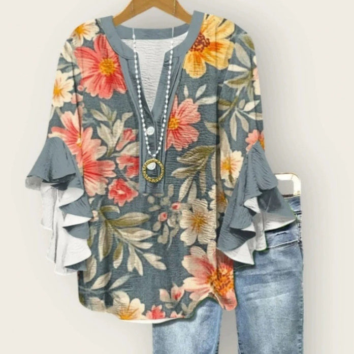 Printed Casual Trend V-necked Floral Edge Blouse