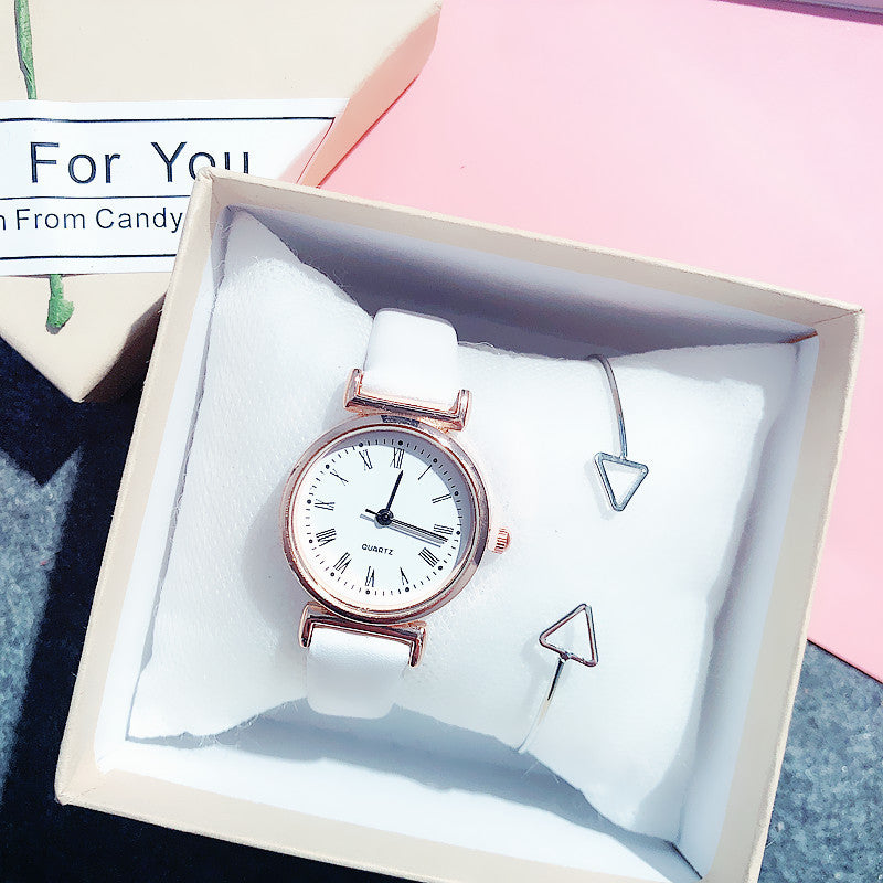Simple small dial belt quartz watch + triangle bracelet