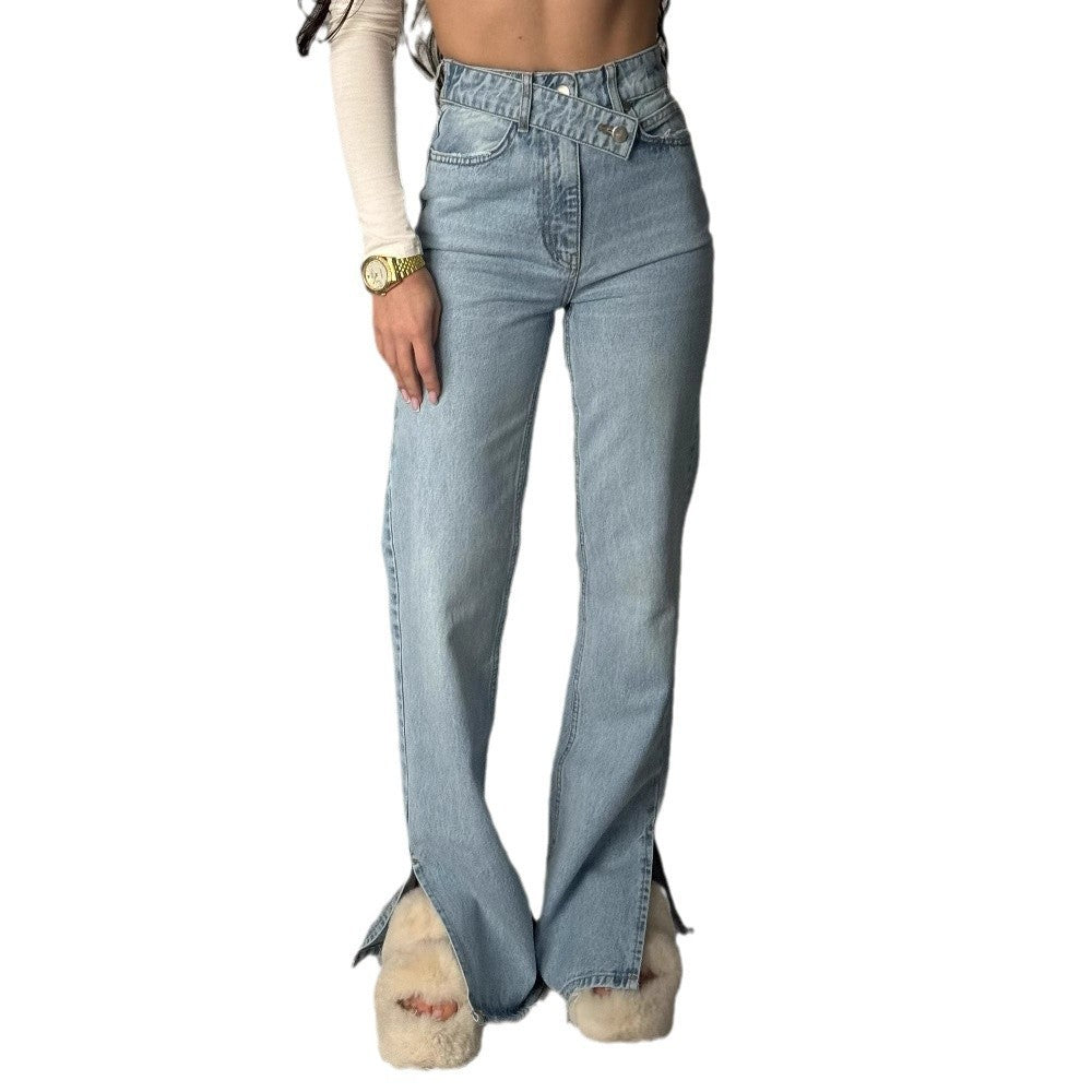 European And American Irregular Waist Design Jeans Casual