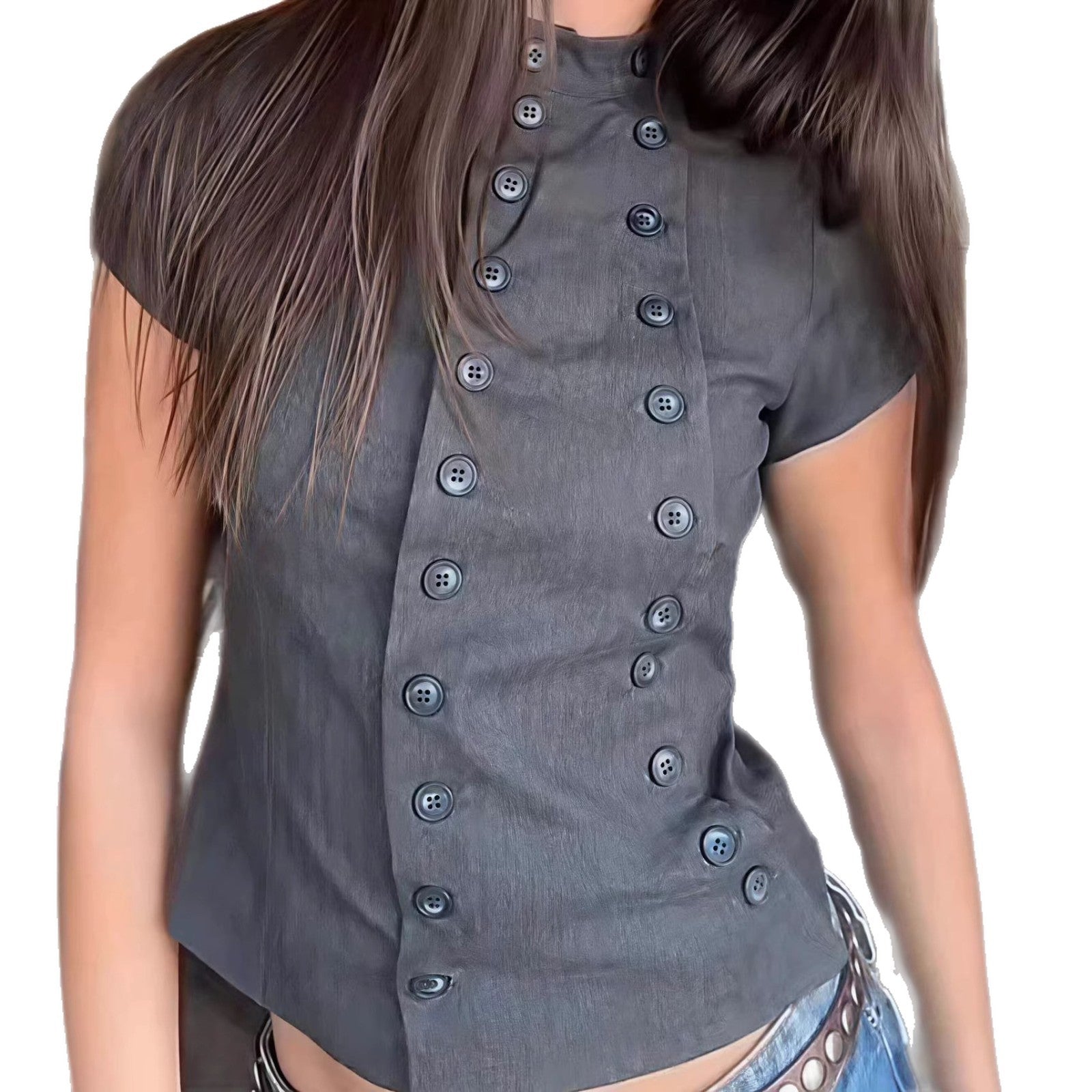 Womens Slim-fit Short-sleeve Top With Double-breasted Buttons And A Stand-up Collar