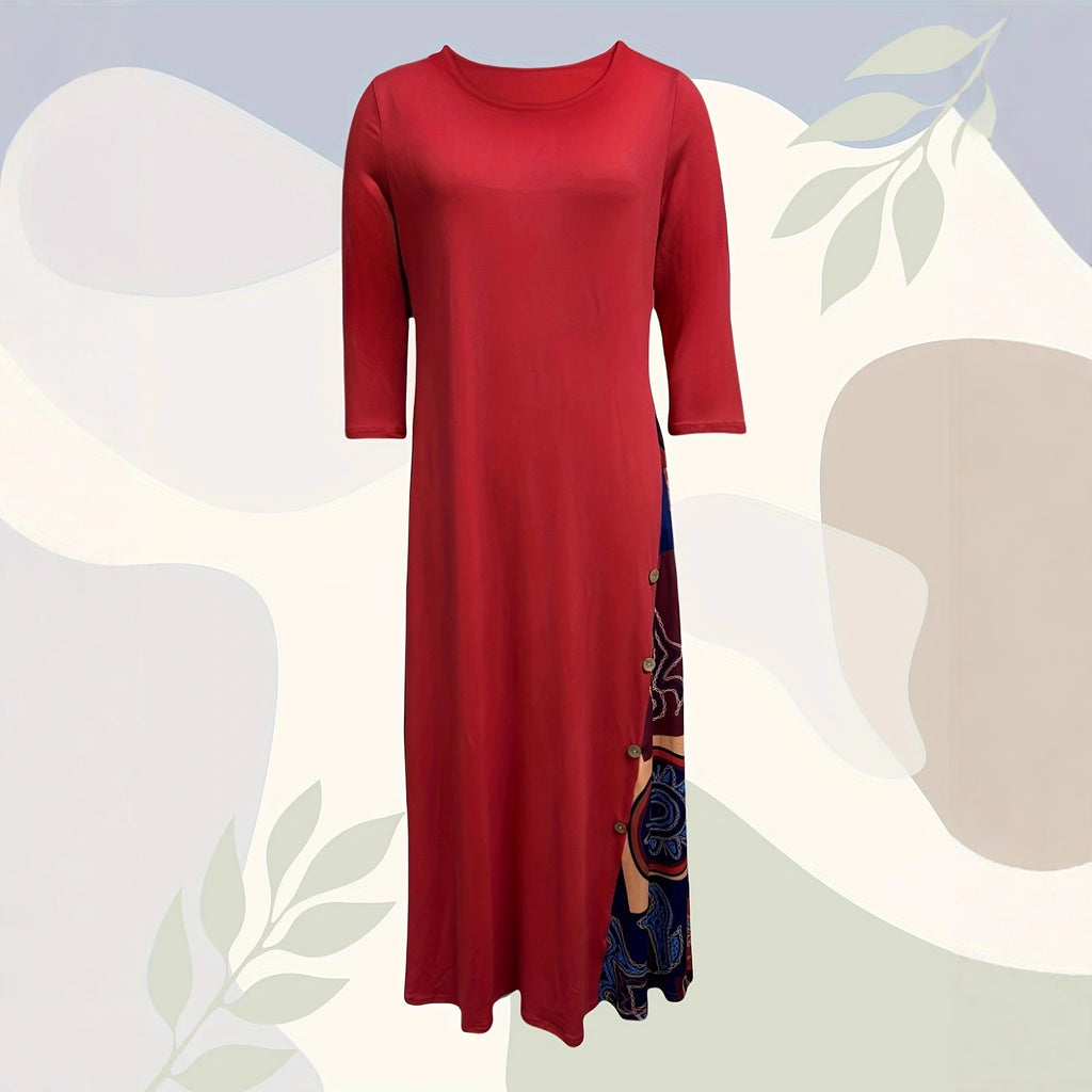 Floral Print Contrast Color Button 34 Sleeve Round Neck Dress