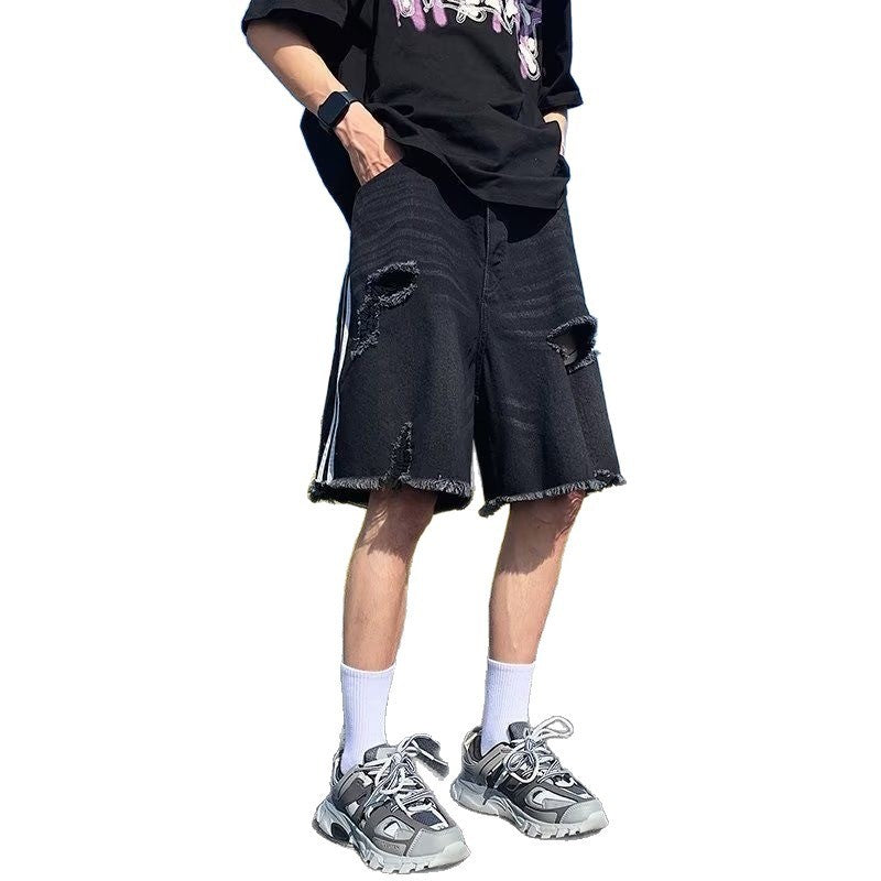 Ripped Denim Shorts Men's Retro Three-bar Pants Design Sense Niche Loose Large Trunks