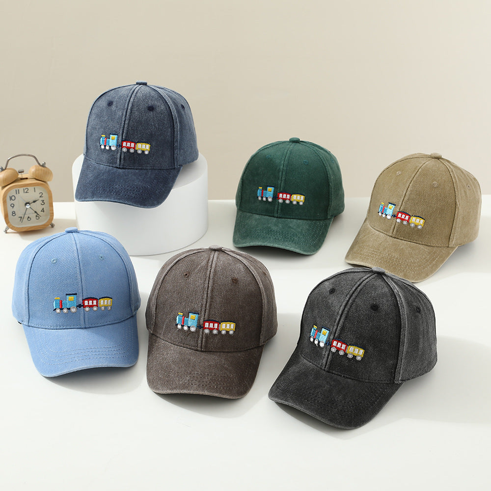 Children Toddler Peaked Cap Small Train Washed Layer Peaked Baseball Hat Trendy